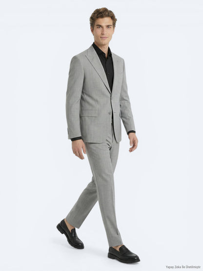 Gri Çizgili Modern Fit Yün Karışımlı Takım Elbise
