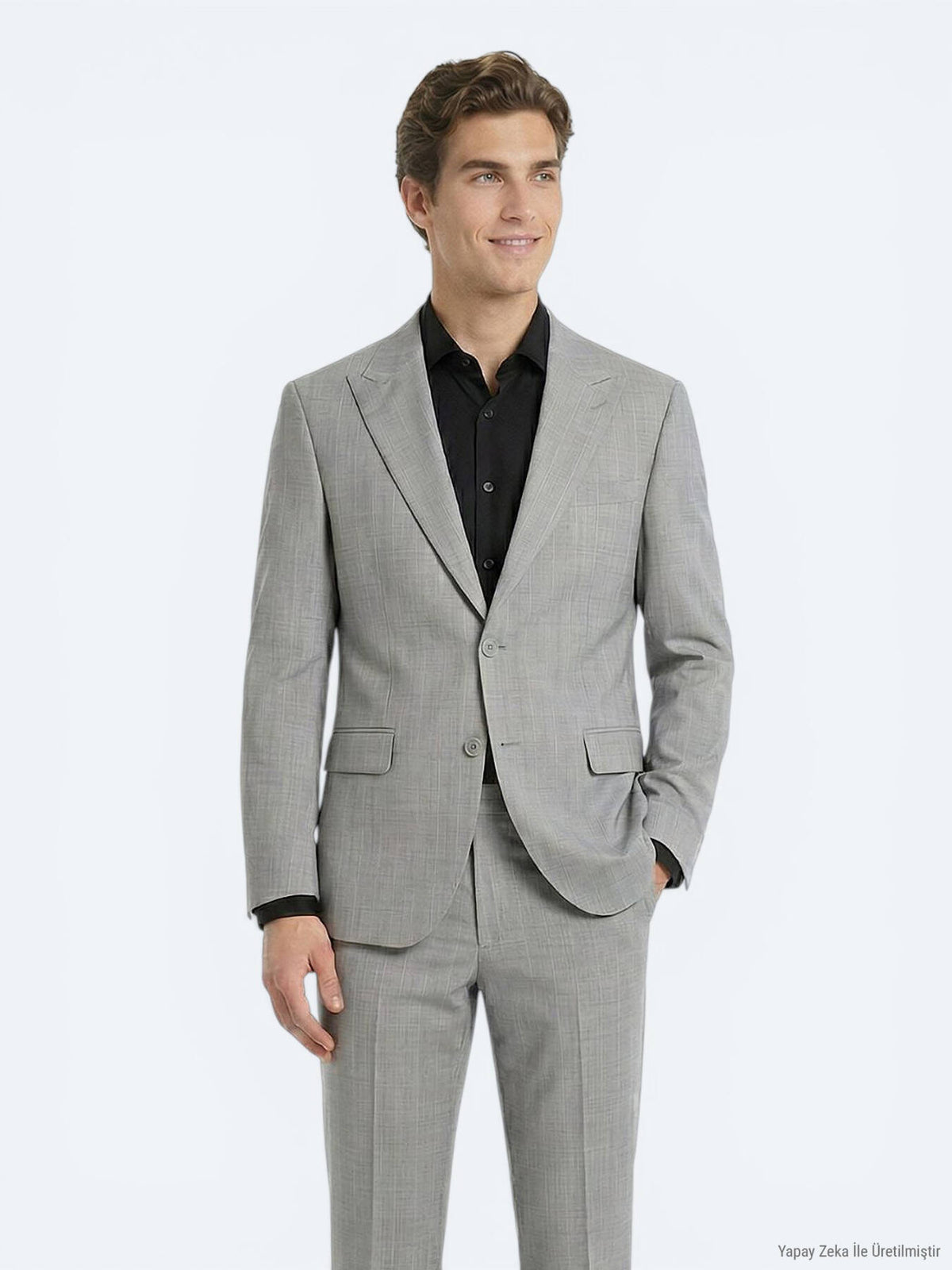 Gri Çizgili Modern Fit Yün Karışımlı Takım Elbise