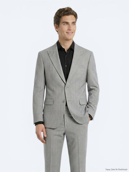 Gri Çizgili Modern Fit Yün Karışımlı Takım Elbise