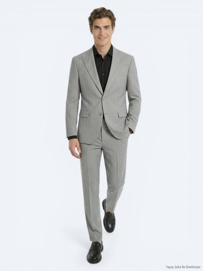 Gri Çizgili Modern Fit Yün Karışımlı Takım Elbise
