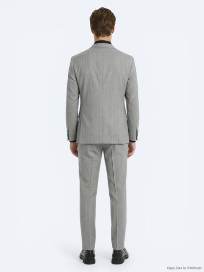 Gri Çizgili Modern Fit Yün Karışımlı Takım Elbise