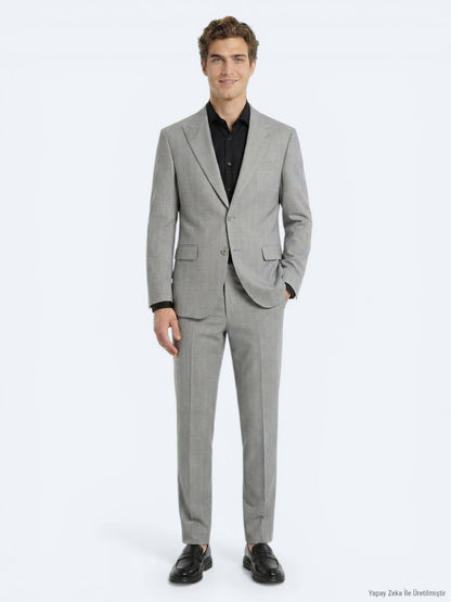 Gri Çizgili Modern Fit Yün Karışımlı Takım Elbise