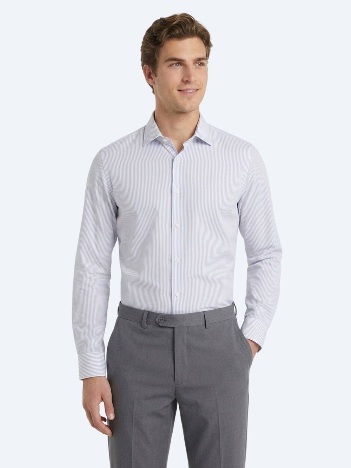 Gri Çizgili Regular Fit Uzun Dokuma Casual Pamuk Karışımlı Gömlek
