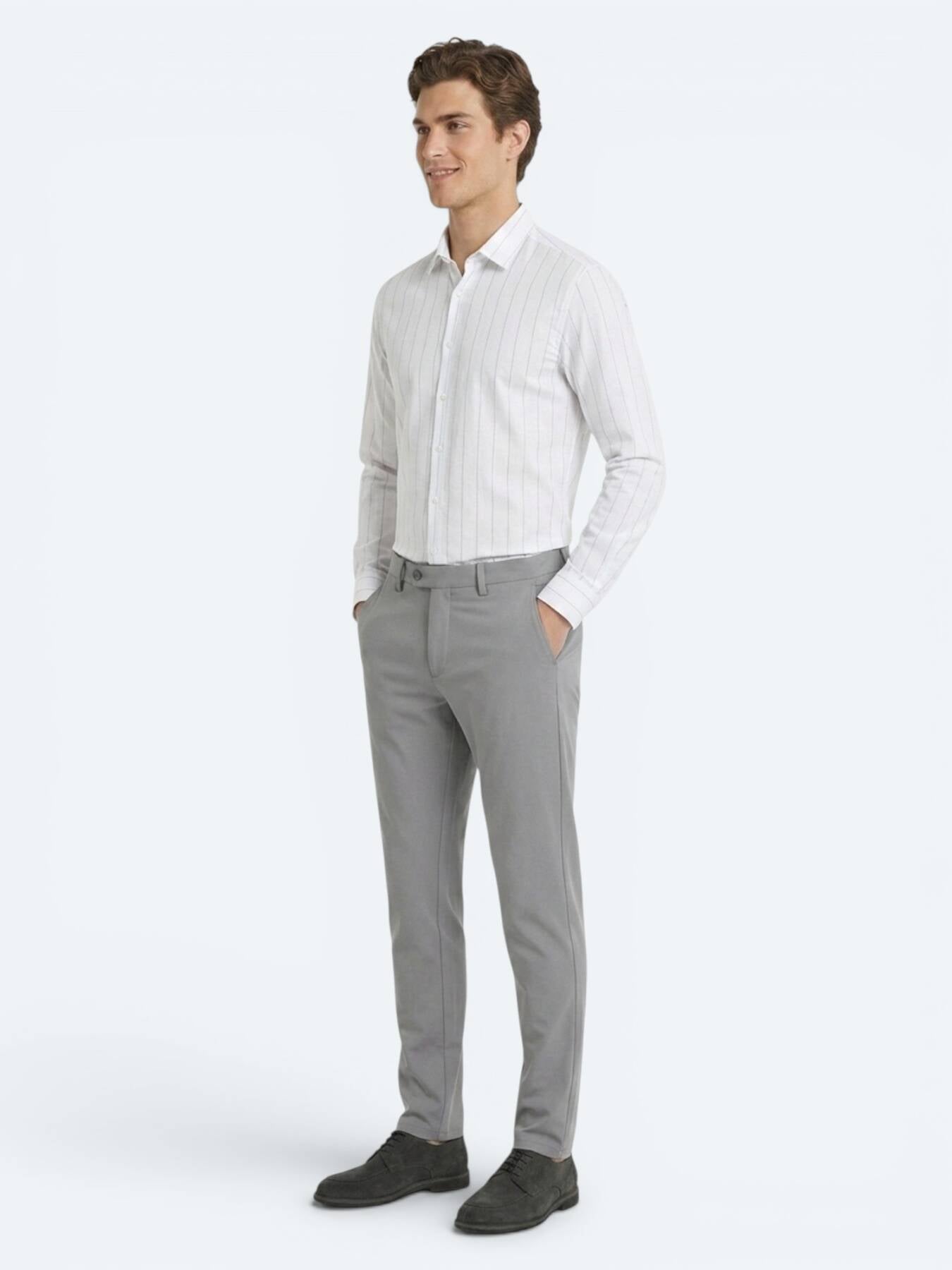 Gri Düz Dokuma Slim Fit Casual Pantolon