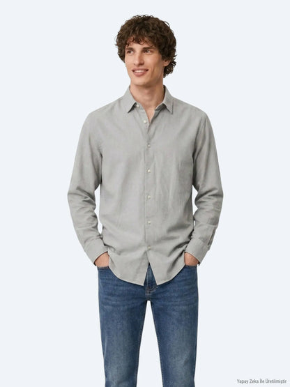 Gri Düz Regular Fit Uzun Dokuma Casual %100 Pamuk Gömlek