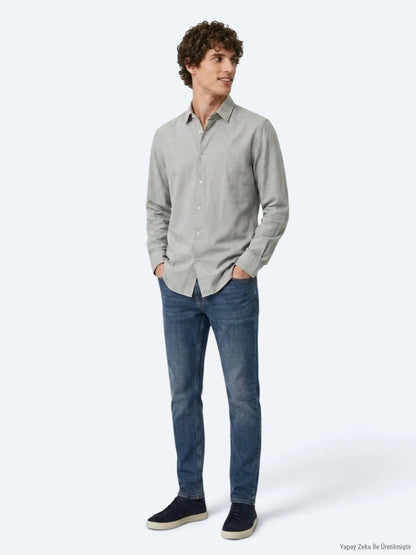 Gri Düz Regular Fit Uzun Dokuma Casual %100 Pamuk Gömlek