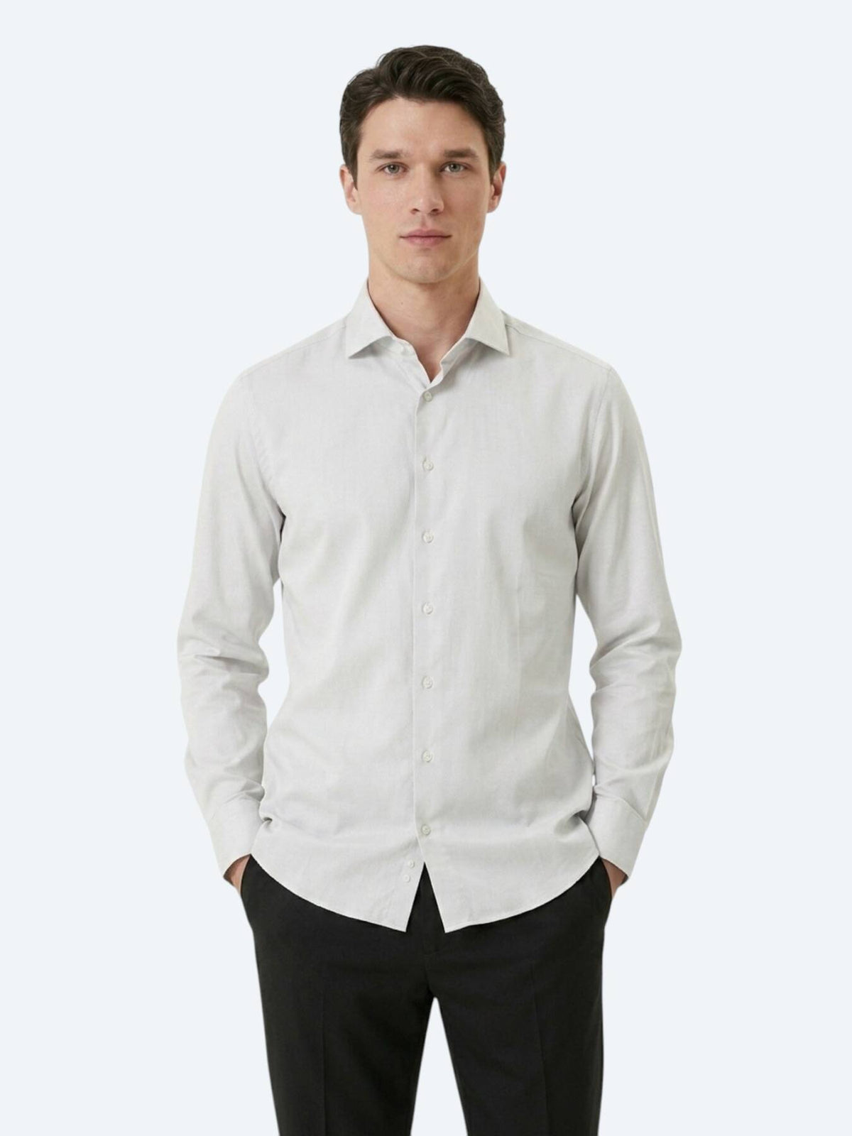 Gri Düz Slim Fit Uzun Dokuma Klasik %100 Pamuk Gömlek