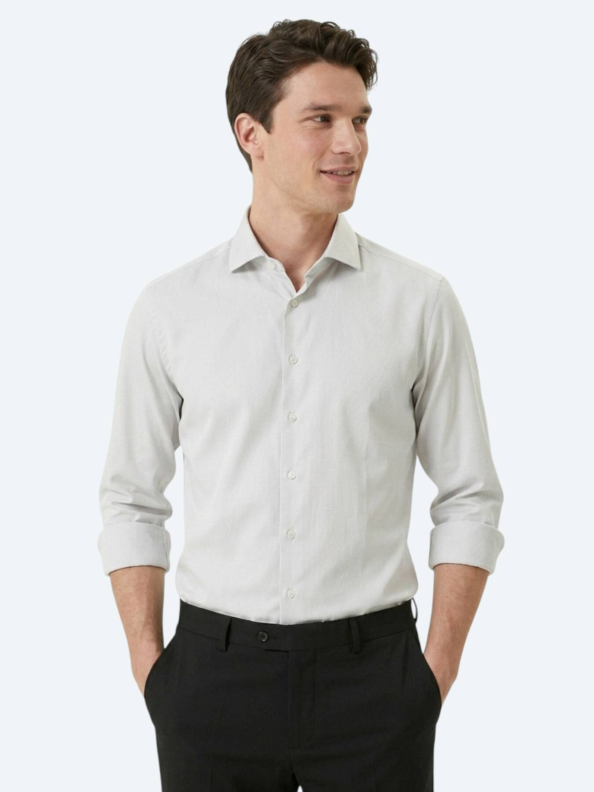 Gri Düz Slim Fit Uzun Dokuma Klasik %100 Pamuk Gömlek