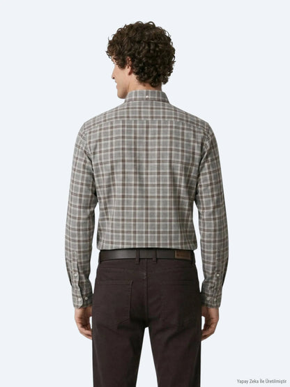 Gri Kareli Regular Fit Uzun Dokuma Casual %100 Pamuk Gömlek