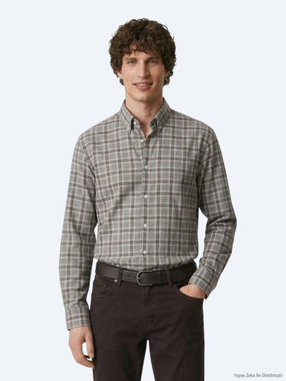 Gri Kareli Regular Fit Uzun Dokuma Casual %100 Pamuk Gömlek