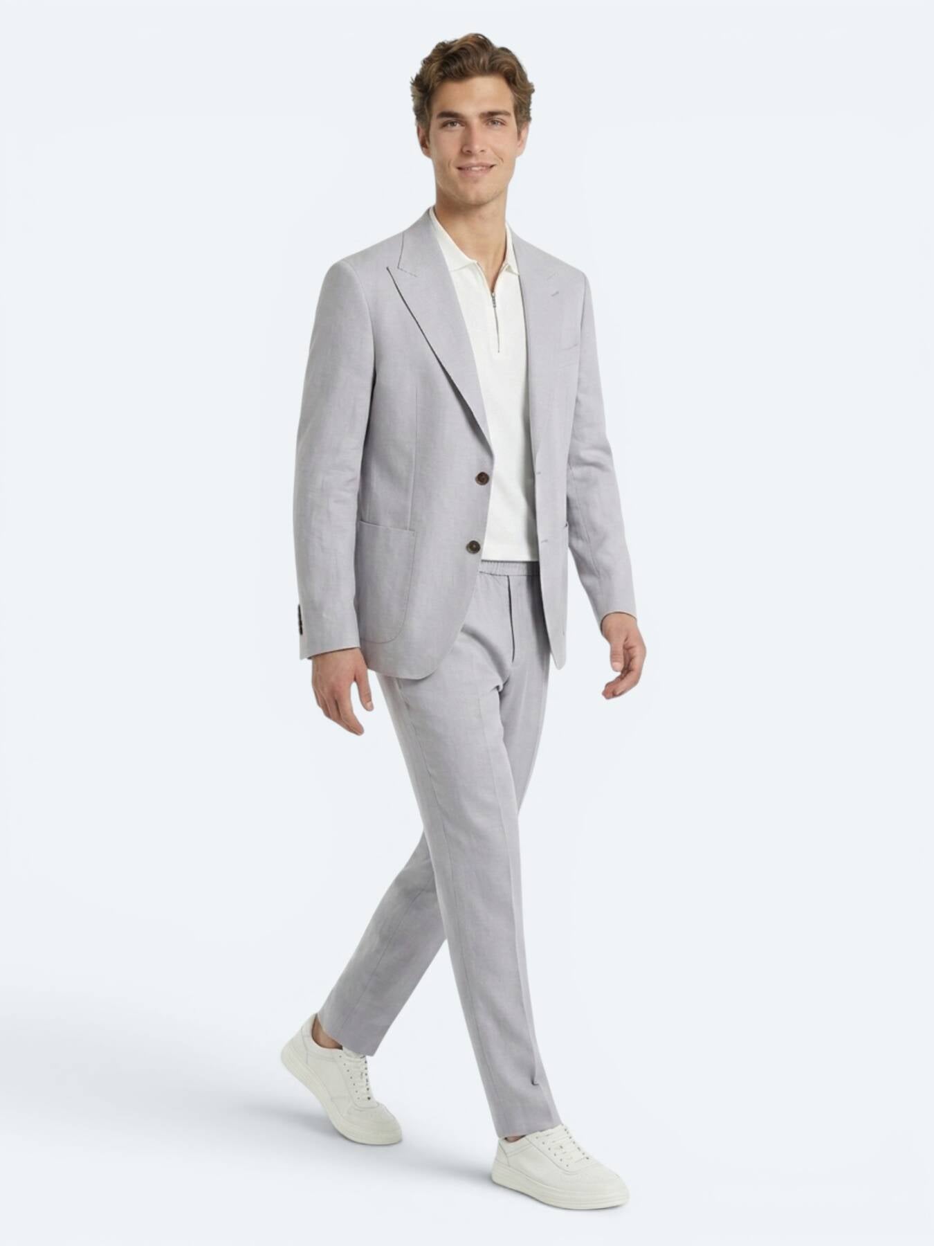 Gri Modern Fit Keten Karışımlı Takım Elbise