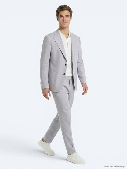Gri Modern Fit Keten Karışımlı Takım Elbise