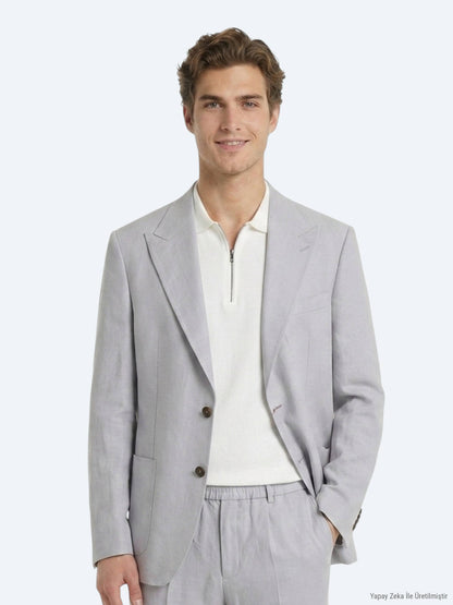 Gri Modern Fit Keten Karışımlı Takım Elbise