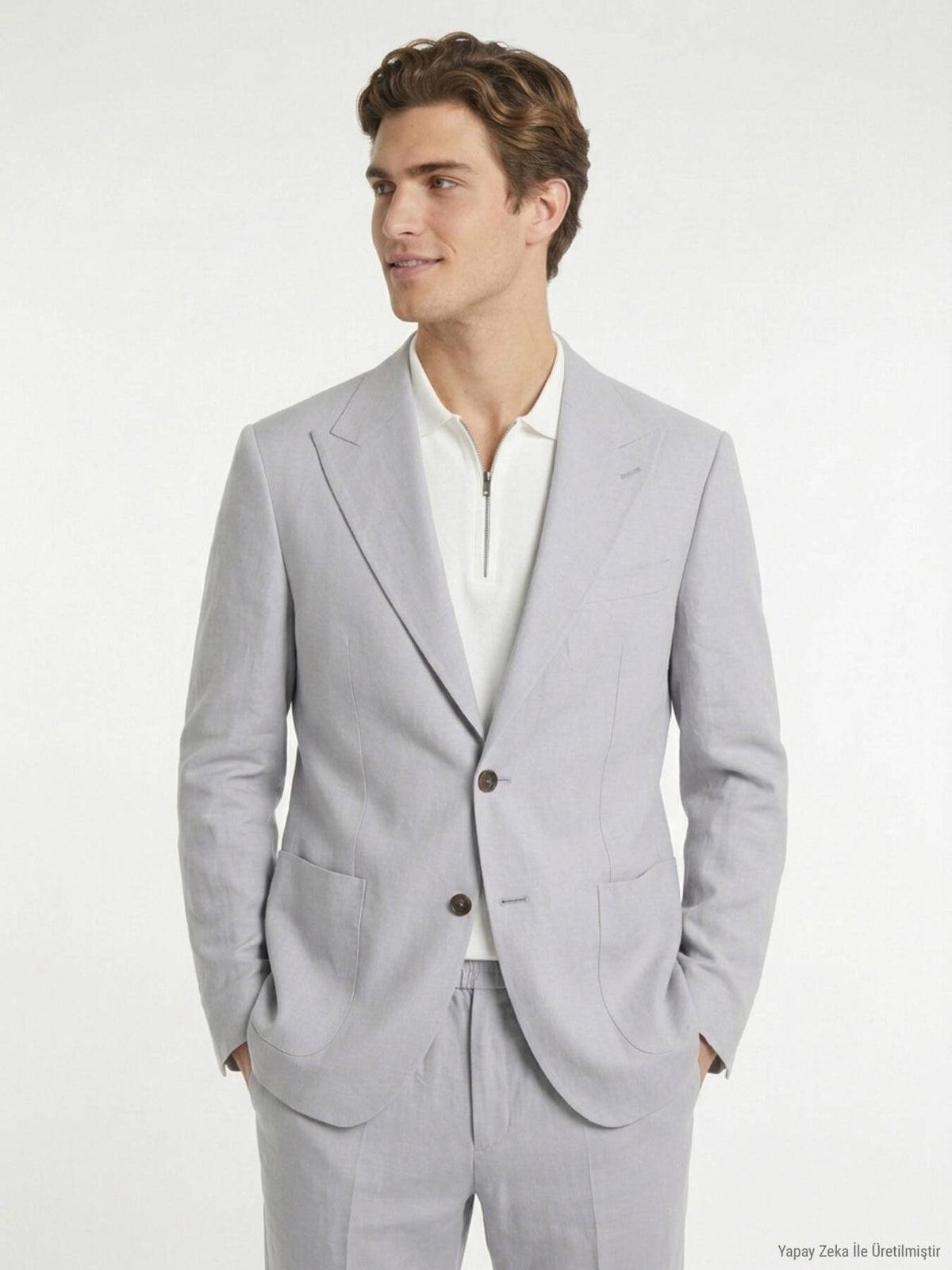 Gri Modern Fit Keten Karışımlı Takım Elbise