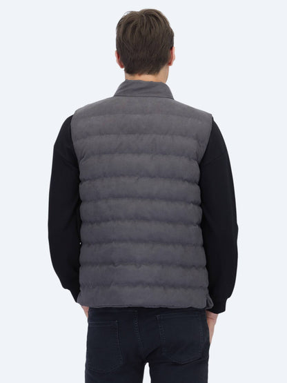 Gri Regular Fit Dik Yaka Casual Dokuma Spor Yelek