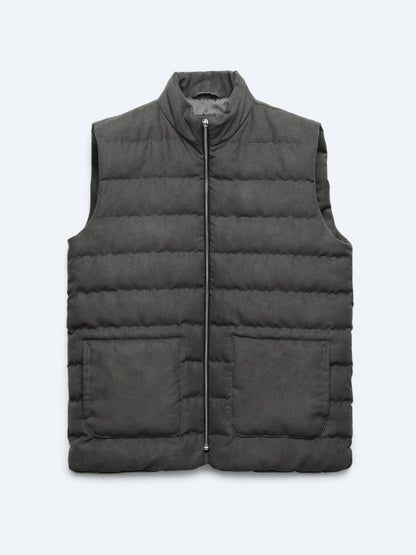 Gri Regular Fit Dik Yaka Casual Dokuma Spor Yelek