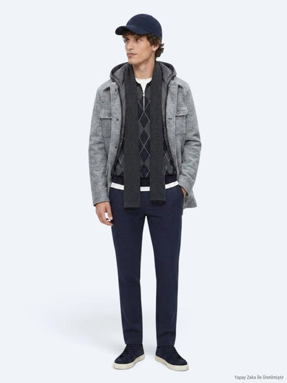 Gri Regular Fit Kapüşonlu Smart Casual Dokuma Mont