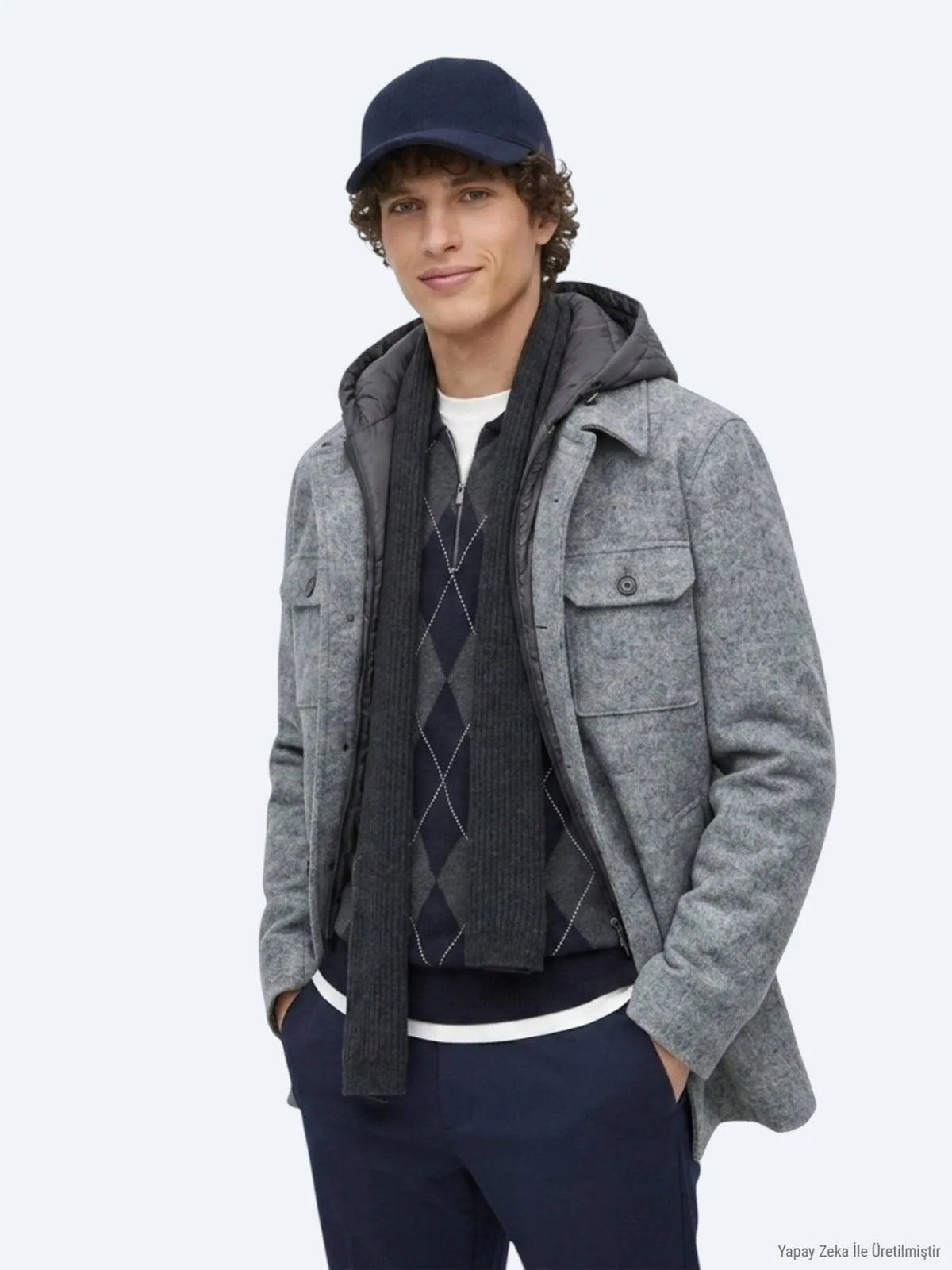 Gri Regular Fit Kapüşonlu Smart Casual Dokuma Mont
