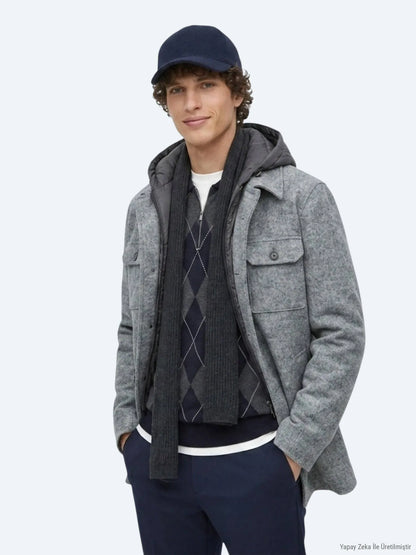 Gri Regular Fit Kapüşonlu Smart Casual Dokuma Mont