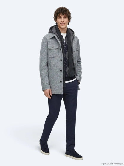 Gri Regular Fit Kapüşonlu Smart Casual Dokuma Mont