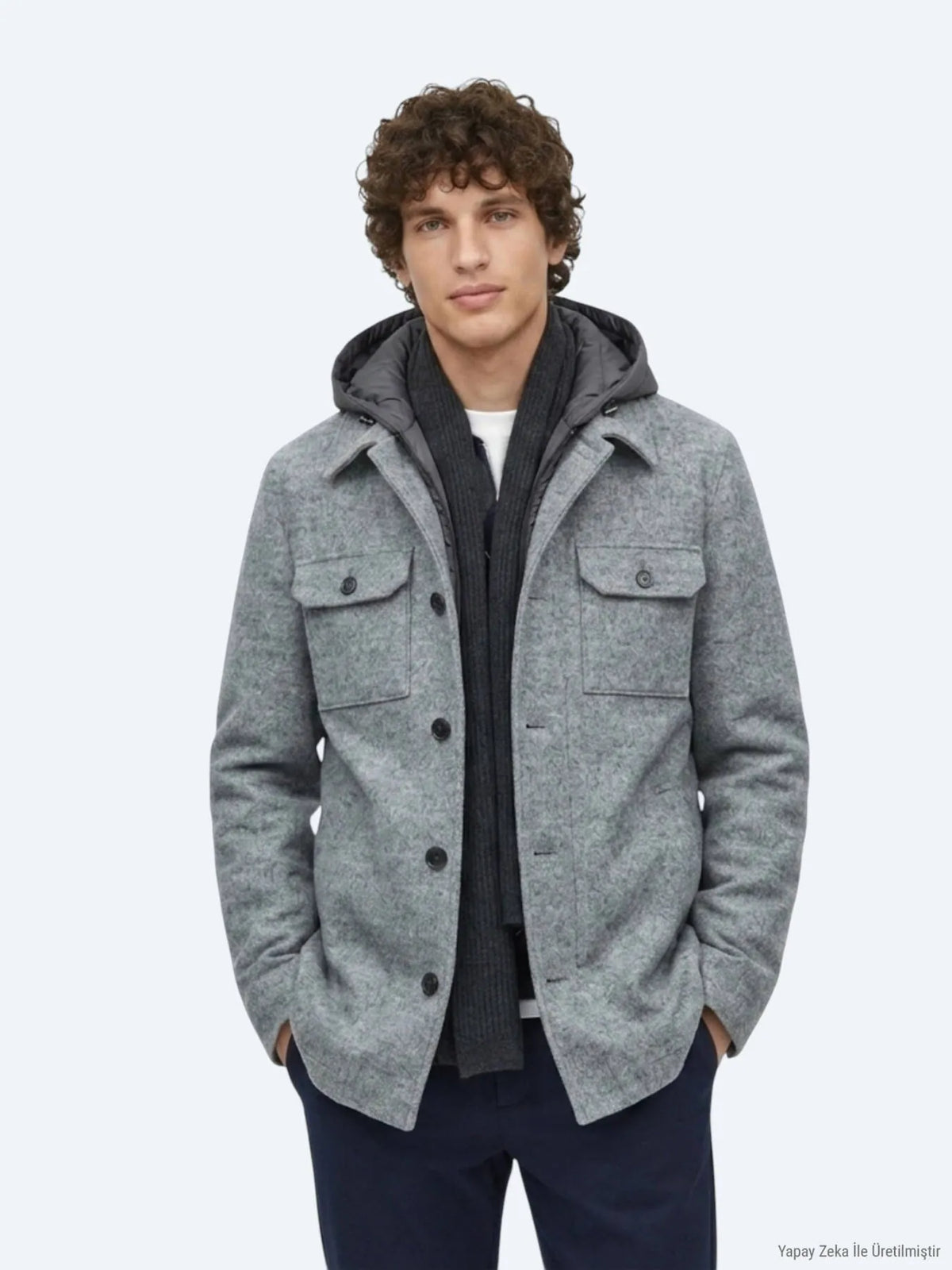 Gri Regular Fit Kapüşonlu Smart Casual Dokuma Mont