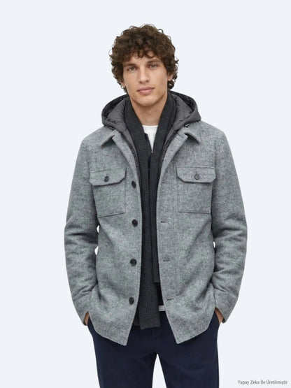 Gri Regular Fit Kapüşonlu Smart Casual Dokuma Mont