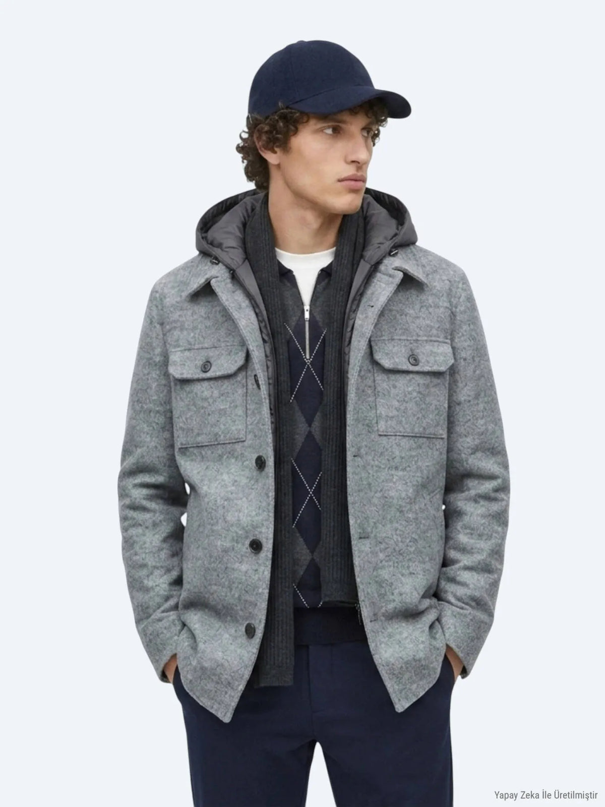 Gri Regular Fit Kapüşonlu Smart Casual Dokuma Mont