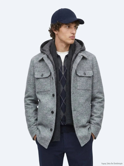 Gri Regular Fit Kapüşonlu Smart Casual Dokuma Mont