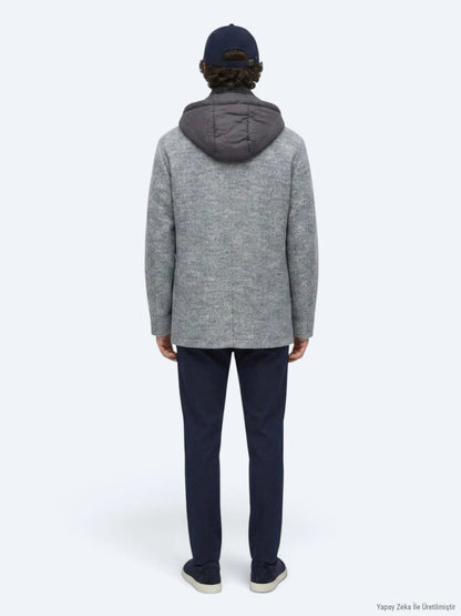 Gri Regular Fit Kapüşonlu Smart Casual Dokuma Mont