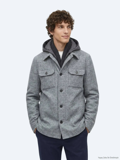 Gri Regular Fit Kapüşonlu Smart Casual Dokuma Mont