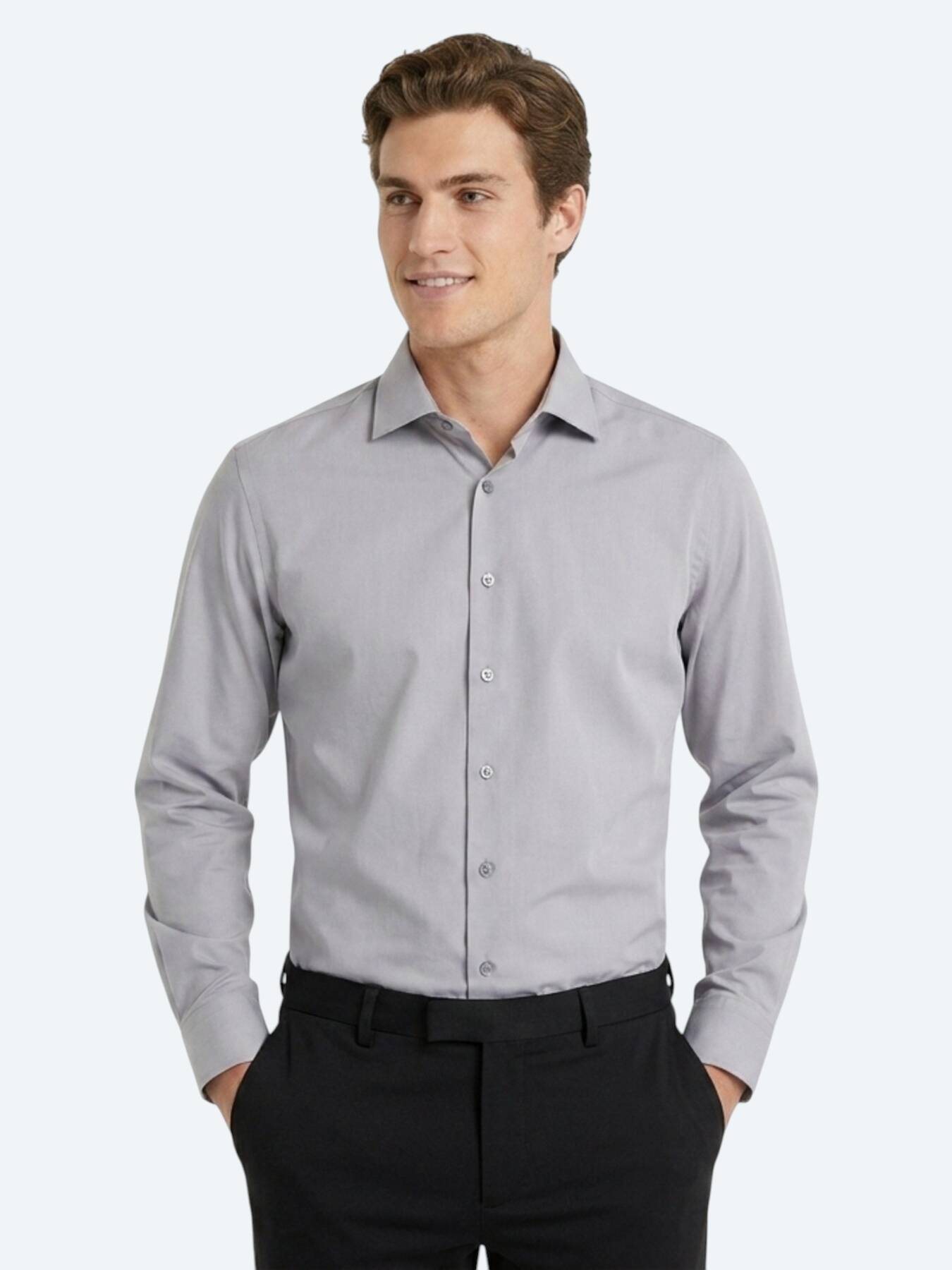 Gri Regular Fit Uzun Dokuma Casual Pamuk Karışımlı Gömlek