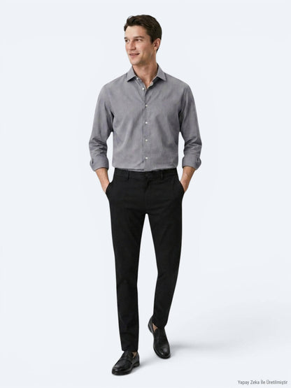 Gri Regular Fit Uzun Dokuma Casual Pamuk Karışımlı Gömlek