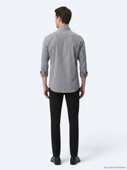 Gri Regular Fit Uzun Dokuma Casual Pamuk Karışımlı Gömlek