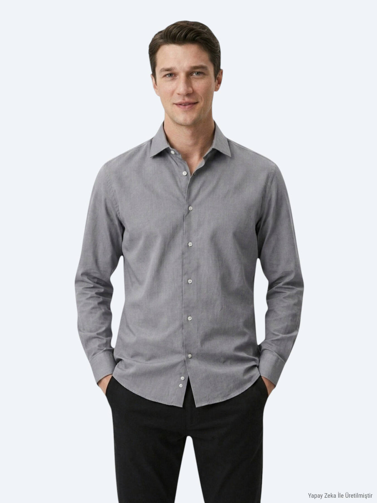 Gri Regular Fit Uzun Dokuma Casual Pamuk Karışımlı Gömlek