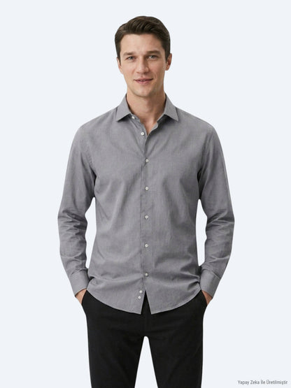 Gri Regular Fit Uzun Dokuma Casual Pamuk Karışımlı Gömlek