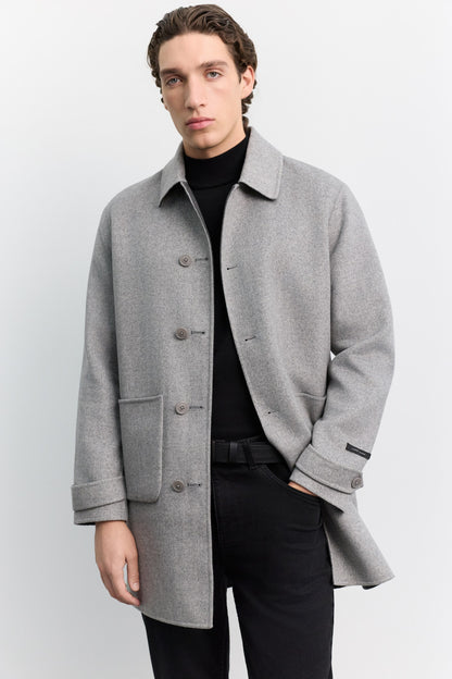Gri Klasik Yaka Yün Karışımlı Çift Taraflı Cep Kapaklı Kaşe Kaban