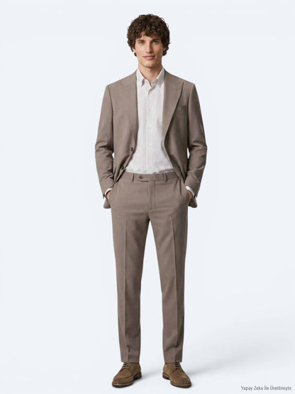 Haki Çizgili Modern Fit Yün Karışımlı Takım Elbise