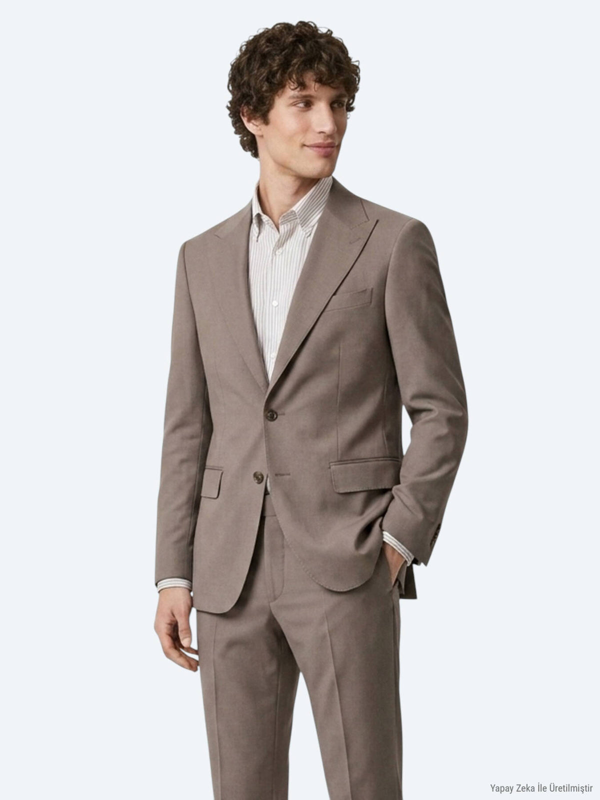 Haki Çizgili Modern Fit Yün Karışımlı Takım Elbise