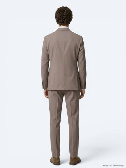 Haki Çizgili Modern Fit Yün Karışımlı Takım Elbise