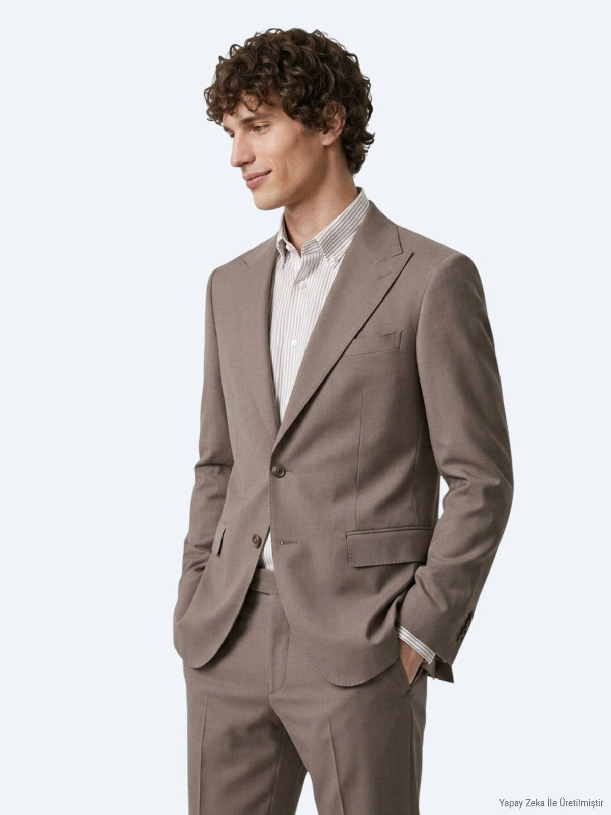 Haki Çizgili Modern Fit Yün Karışımlı Takım Elbise