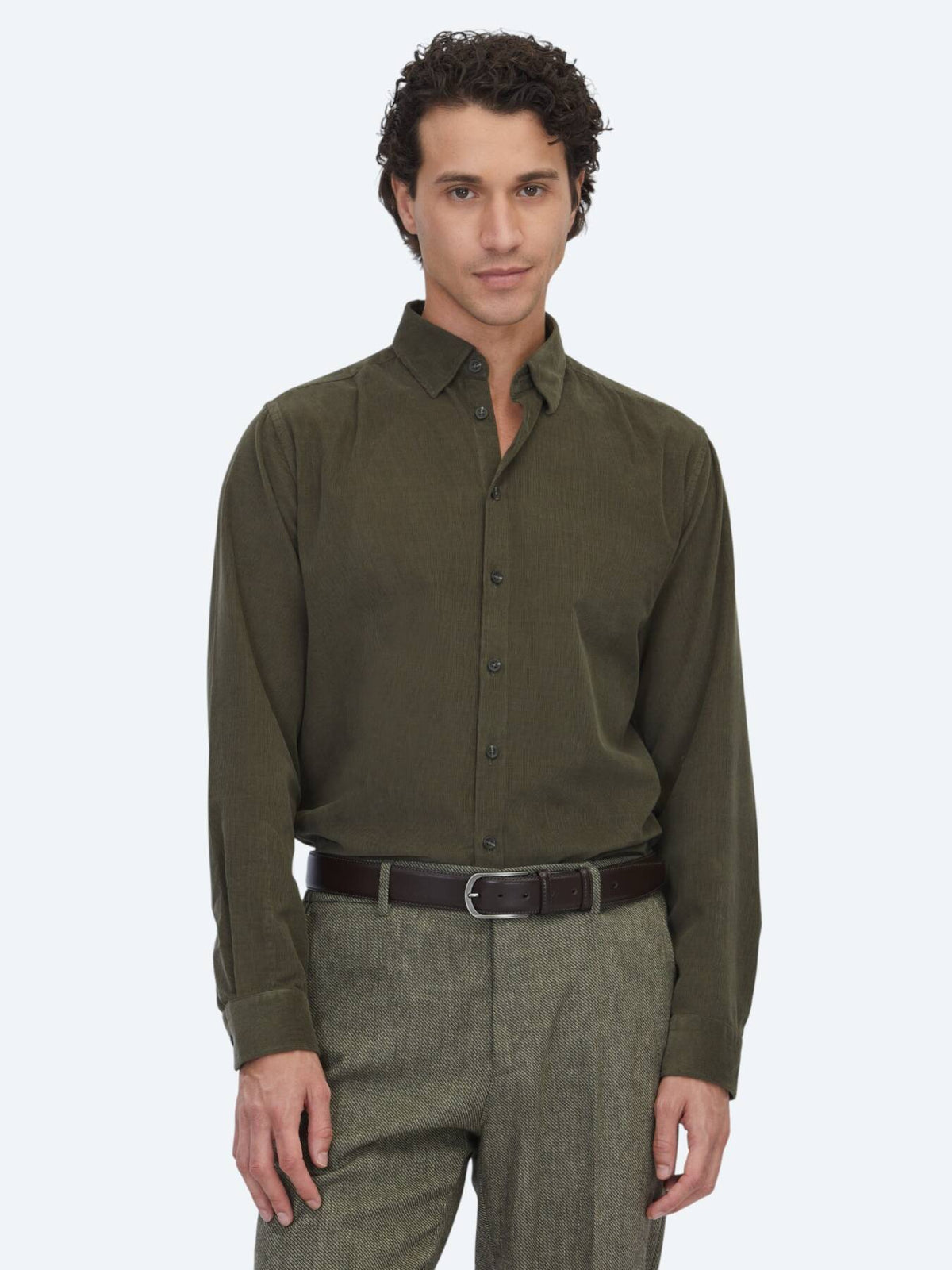 Haki Çizgili Regular Fit Uzun Dokuma Kadife Casual %100 Pamuk Gömlek