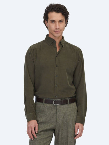 Haki Çizgili Regular Fit Uzun Dokuma Kadife Casual %100 Pamuk Gömlek
