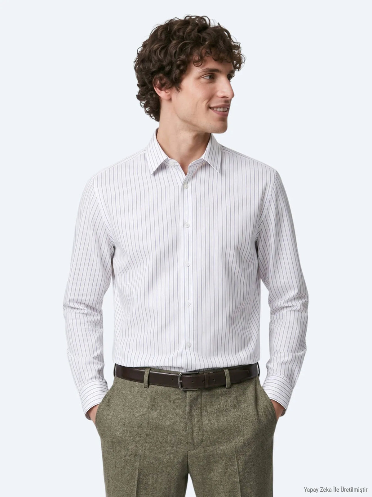 Haki Çizgili Regular Fit Uzun Dokuma Casual %100 Pamuk Gömlek