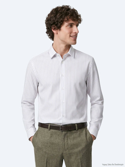 Haki Çizgili Regular Fit Uzun Dokuma Casual %100 Pamuk Gömlek