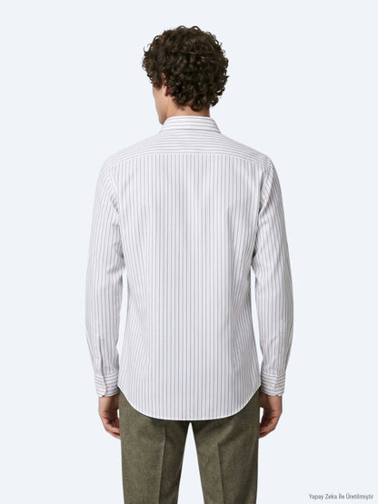 Haki Çizgili Regular Fit Uzun Dokuma Casual %100 Pamuk Gömlek