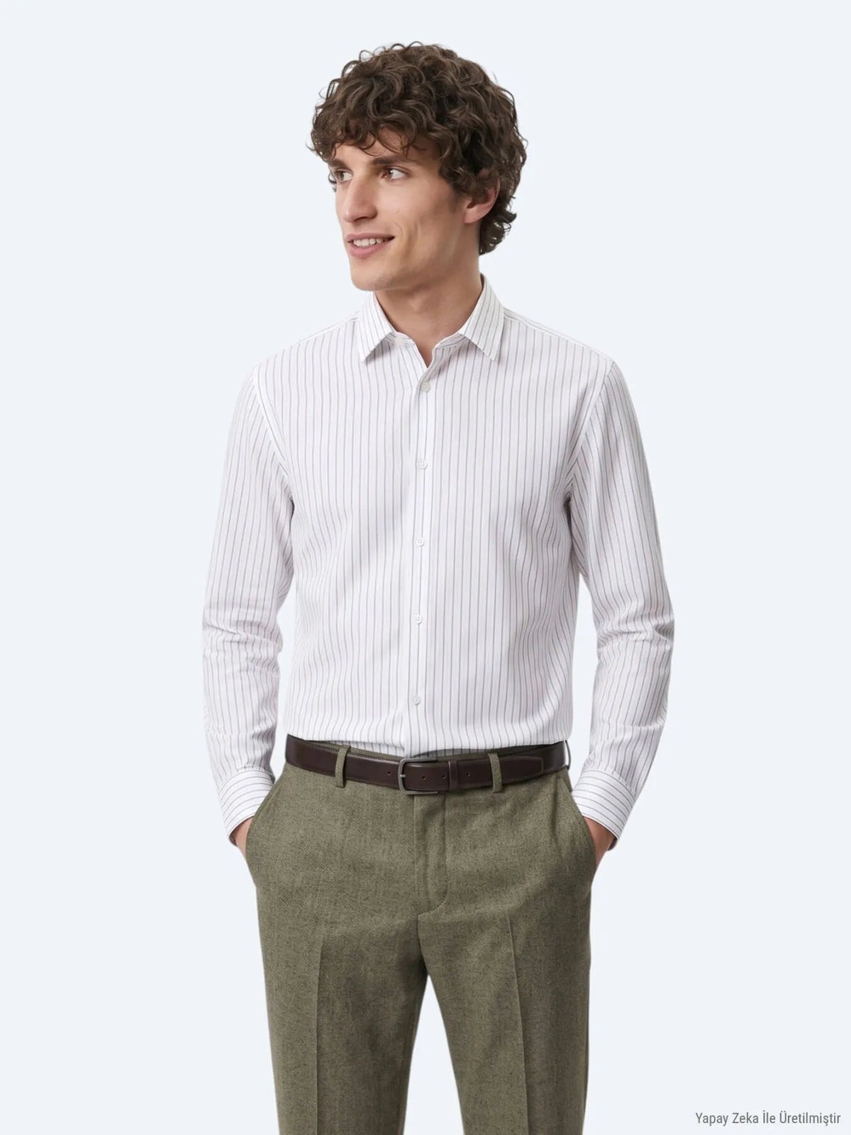 Haki Çizgili Regular Fit Uzun Dokuma Casual %100 Pamuk Gömlek