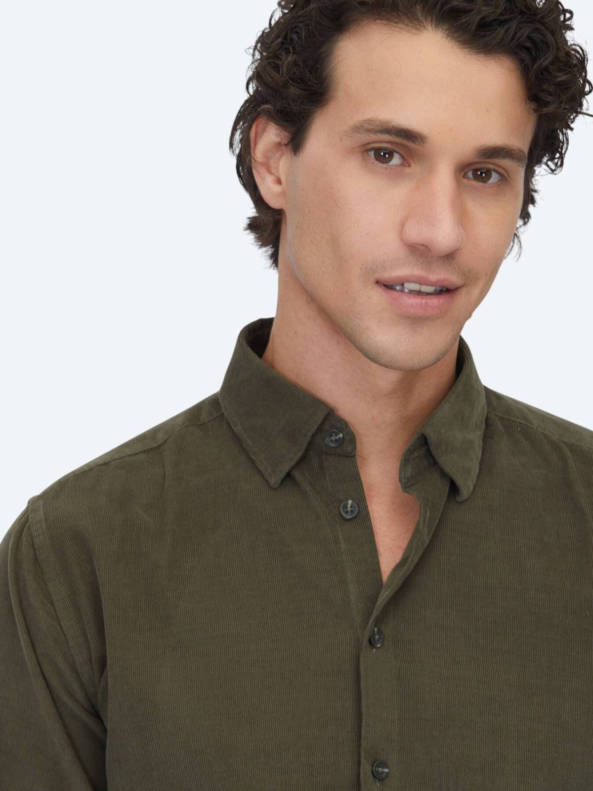 Haki Çizgili Regular Fit Uzun Dokuma Kadife Casual %100 Pamuk Gömlek