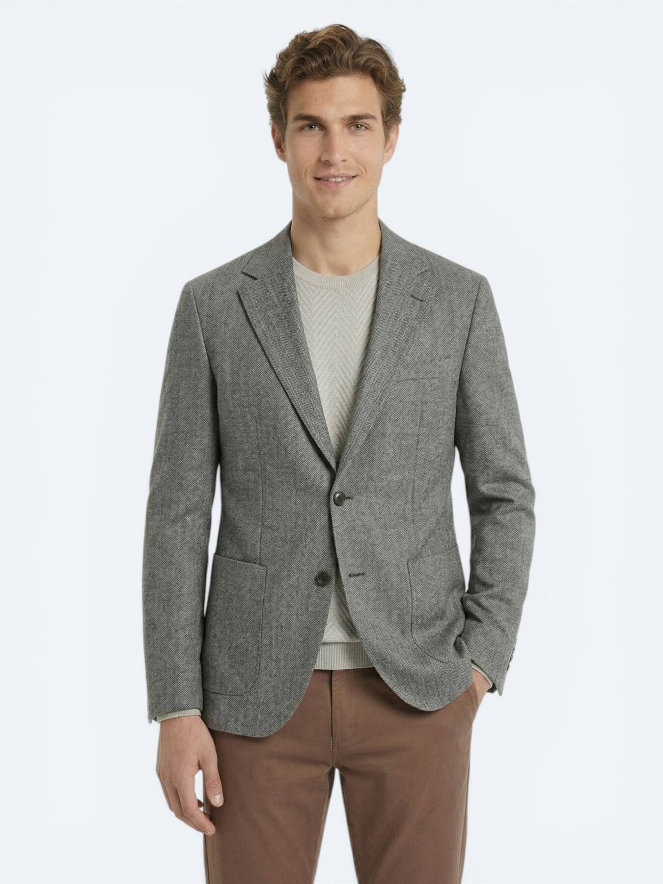 Haki Desenli Modern Fit Keten Karışımlı Ceket