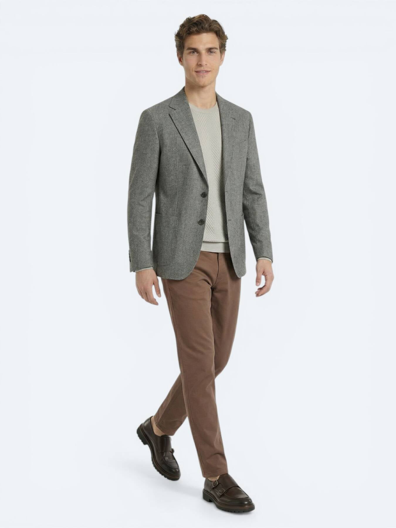 Haki Desenli Modern Fit Keten Karışımlı Ceket