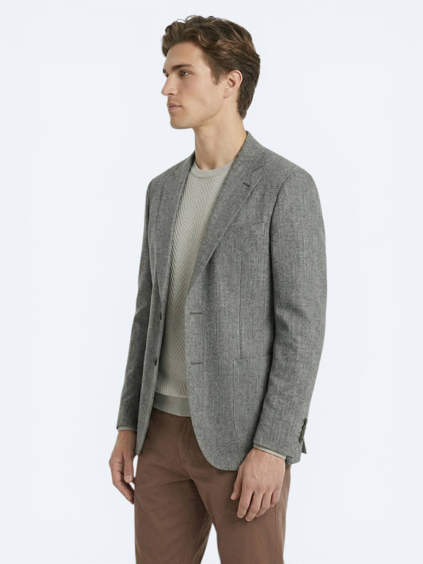 Haki Desenli Modern Fit Keten Karışımlı Ceket